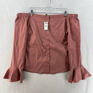 Express Cropped Top Womens L Coral Bell Long Sleeve Off Shoulder Button Up Boho